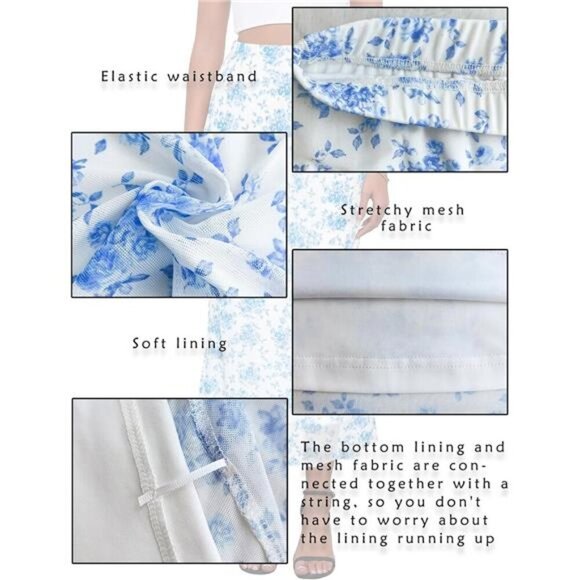 Women's Mesh Midi Skirt Elastic High Waisted White Blue - Picture 4 of 6